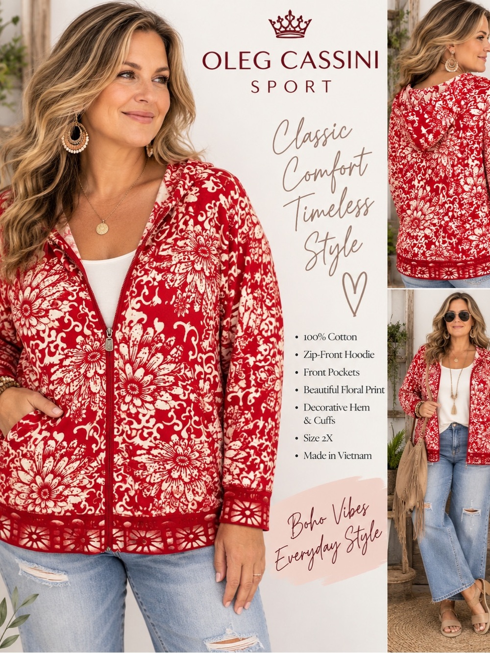 Oleg Cassini Sport- 2X Red Floral 100% Cotton Zip Up
Hoodie Boho Retro size 2X